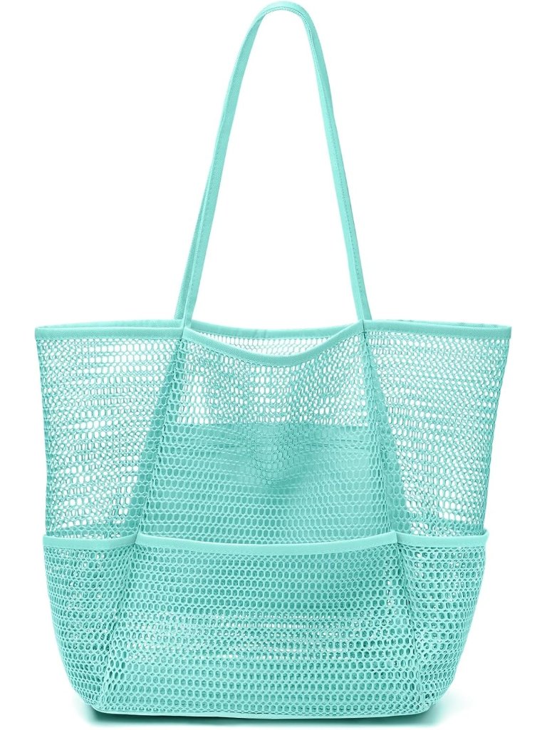 Women's Blue Mesh Beach Tote Bag Large Foldable Swimming Bag With Pockets